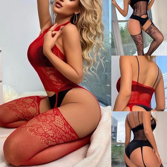 1 Piece Garter Body-Suit Black or Red One-Size … High Stretch … Sexy! New - Picture 1 of 8